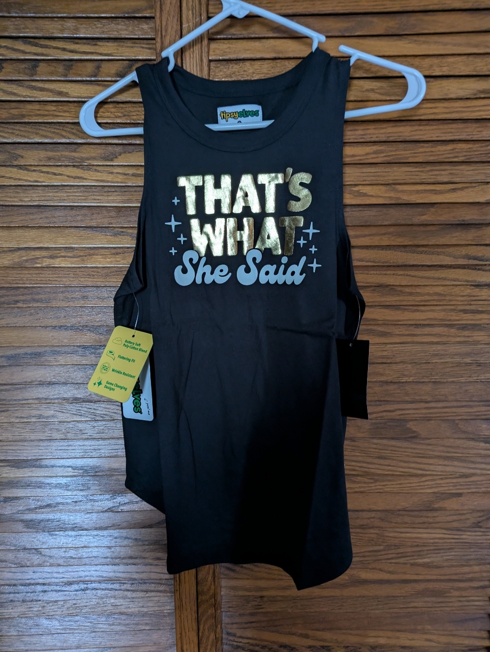 Tipsy‎ Elves NWT Black Tank with Gold and White Graphic That's What She Said!